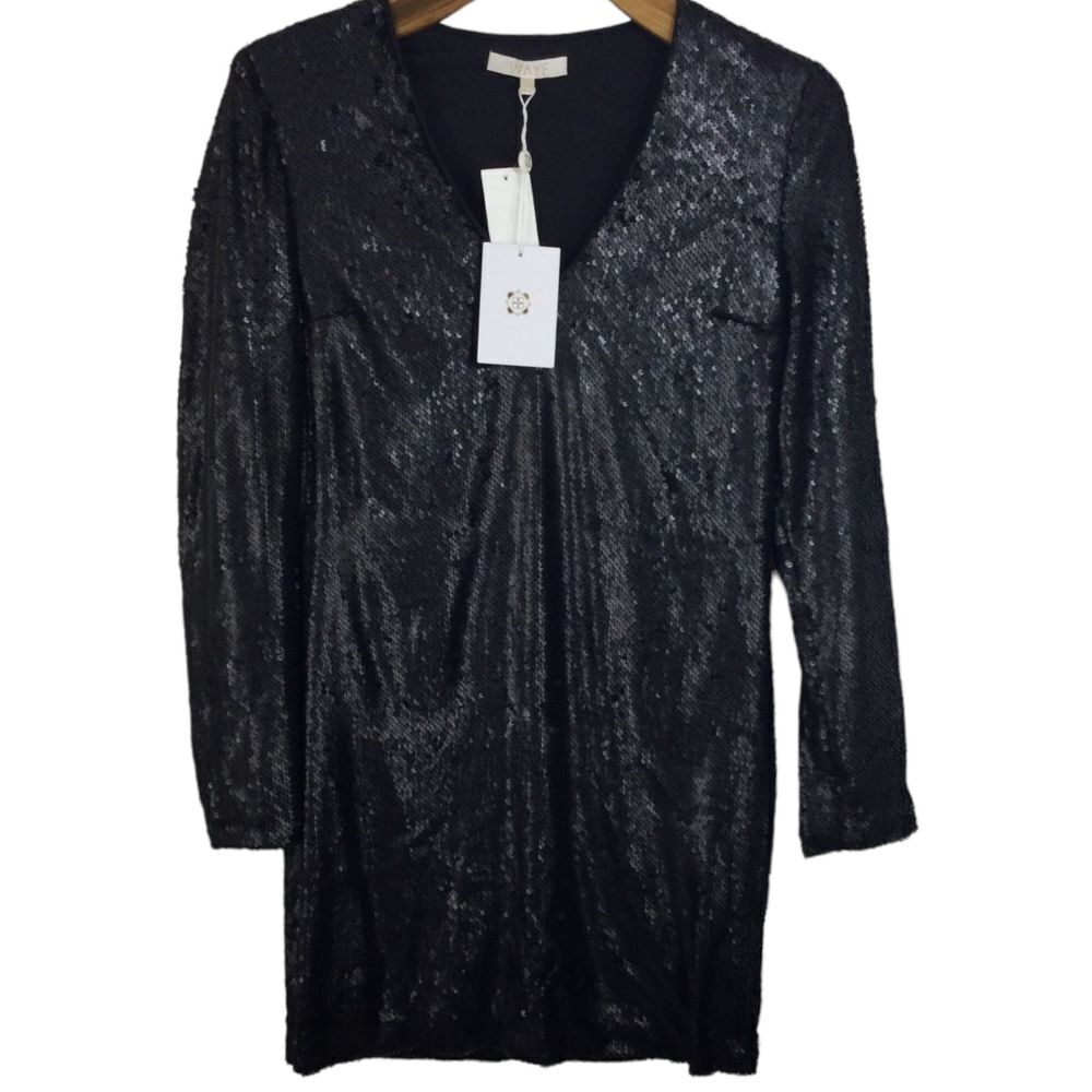 Wayf Full Sequin V-neck Long Sleeve Cocktail Shift Dress Black Size Small NWT